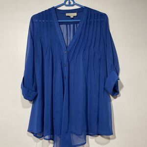 Olive & Oak Top Womens Large Blue Button Up 3/4‎ Roll tab Sleeves Sheer Blouse